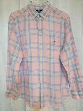 Vineyard Vines 1W1961 Men L Linen Tucker Shirt Russell Hill Plaid Flamingo LS